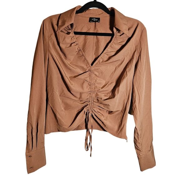 Milk & Honey Ruched Front Long Sleeve Blouse Button Cuffs XL Brown Polyester - Picture 2 of 12